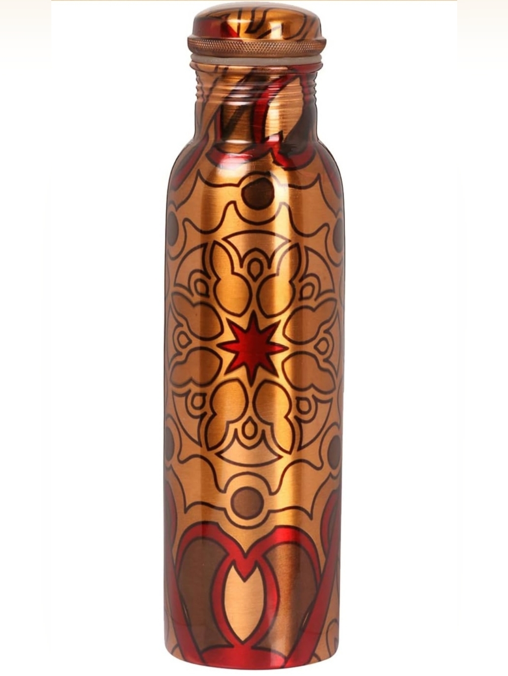 100% Copper Decorative Water Bottle - Red Accent